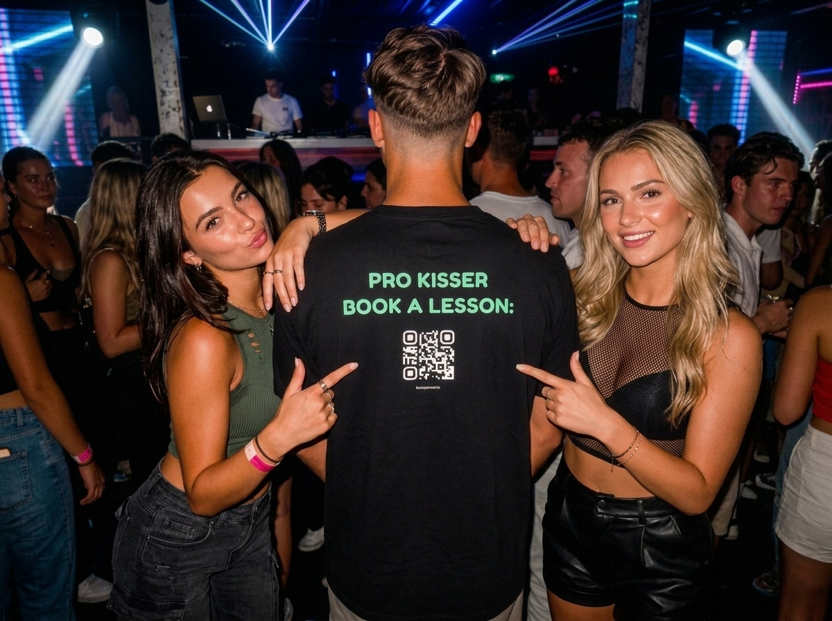 Man wearing the LinkUp Wear shirt with the QR code on his back at a nightclub, two women pointing at the code, wide 4:3 view